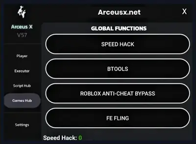 The Arceus X Neo mod menu open inside Roblox, showing the Games Hub with global functions: Speed Hack, BTools, Roblox anti-cheat bypass and FE Fling